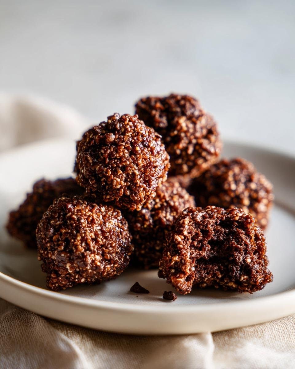 A close-up of a pile of Irresistible Chocolate Quinoa Bites on a plate, one is broken open.