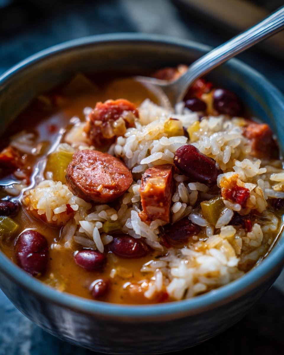 Close-up of a bowl of rich Chorizo Rice Bean Soup topped with white rice, kidney beans, and sliced sausage.