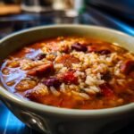 Close-up of a steaming bowl of rich, red Chorizo Rice Bean Soup with visible slices of sausage, kidney beans, and white rice.