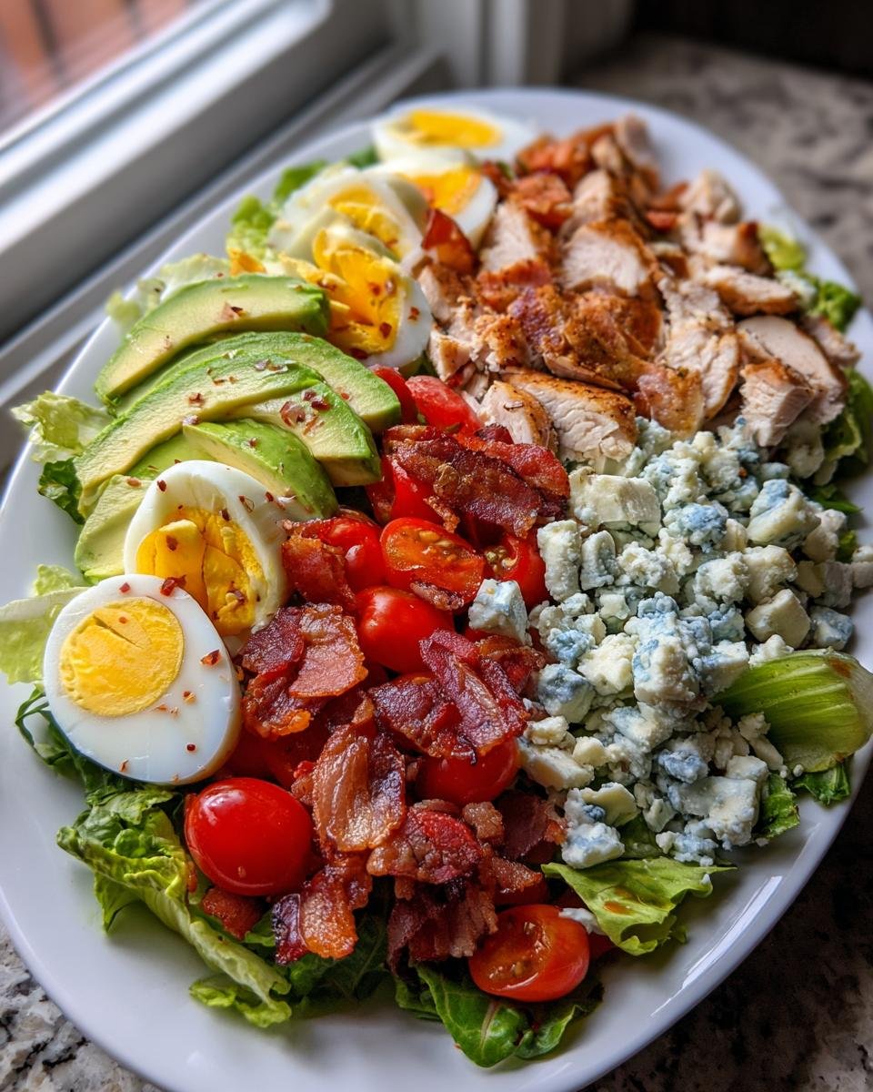 A beautifully arranged platter featuring a classic Cobb Salad with rows of sliced avocado, hard-boiled eggs, grilled chicken, bacon, blue cheese, and tomatoes.