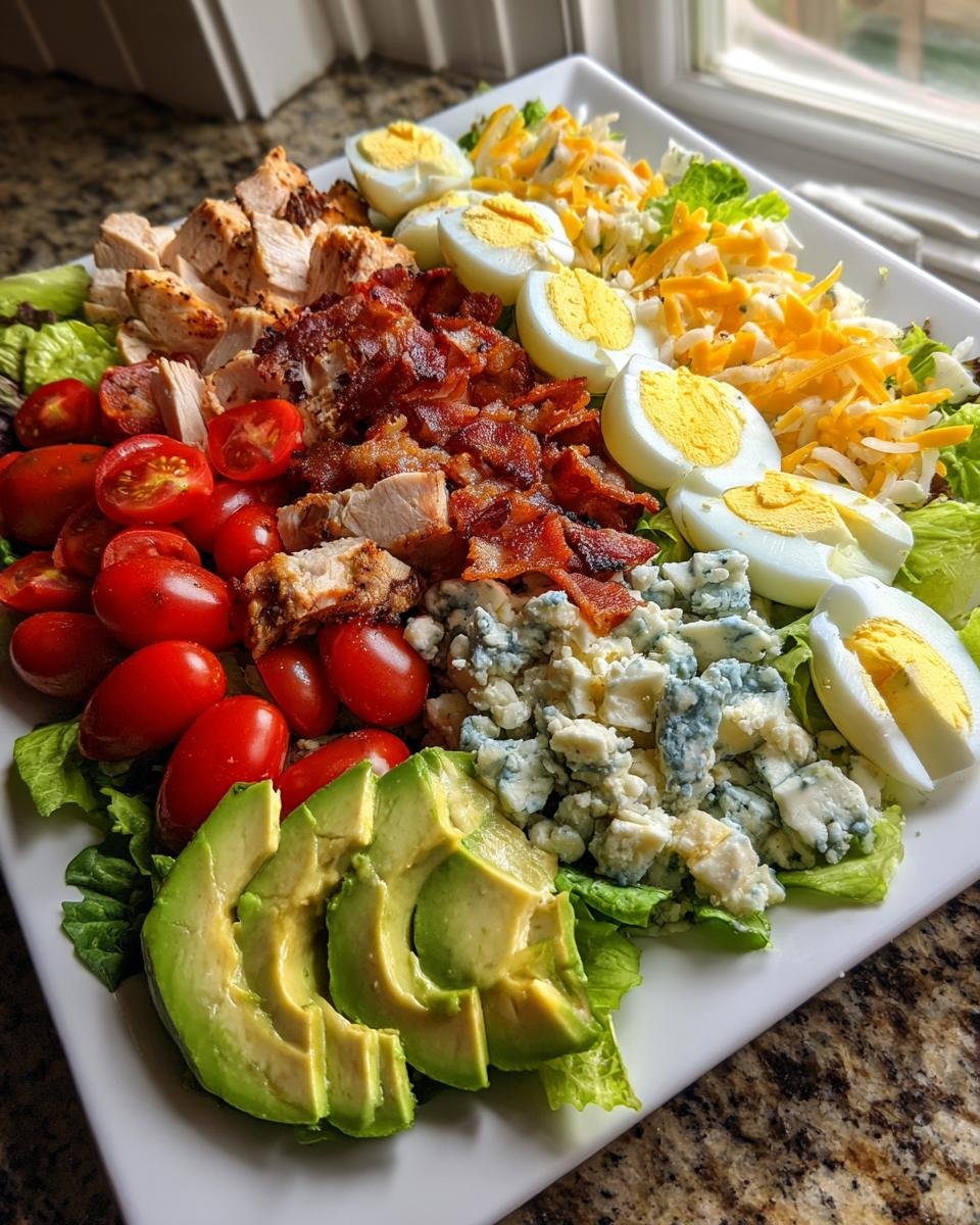 A vibrant, deconstructed Cobb Salad featuring rows of grilled chicken, bacon, tomatoes, blue cheese, avocado, eggs, and shredded cheese on lettuce.