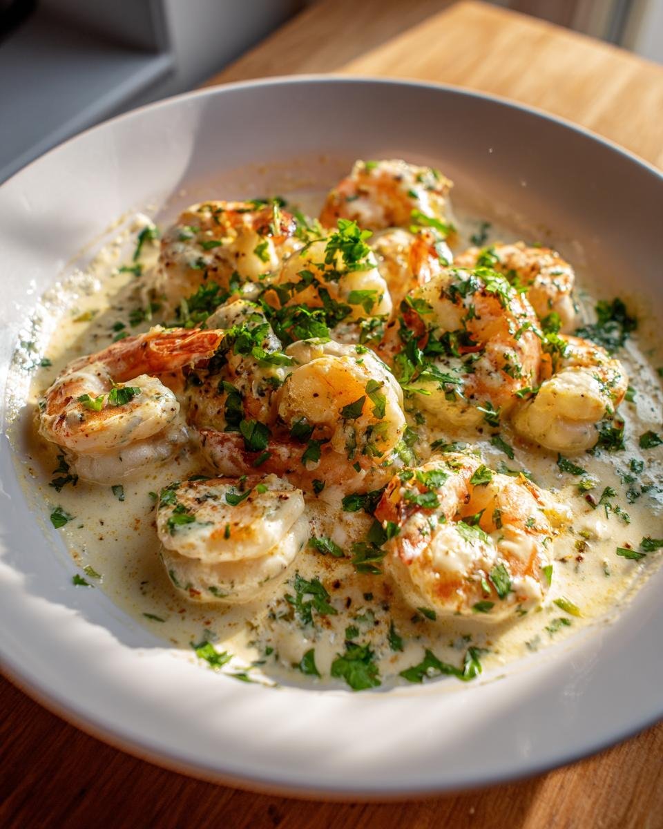 Close-up of Creamy Coconut Shrimp served in a white bowl, generously topped with fresh chopped parsley.