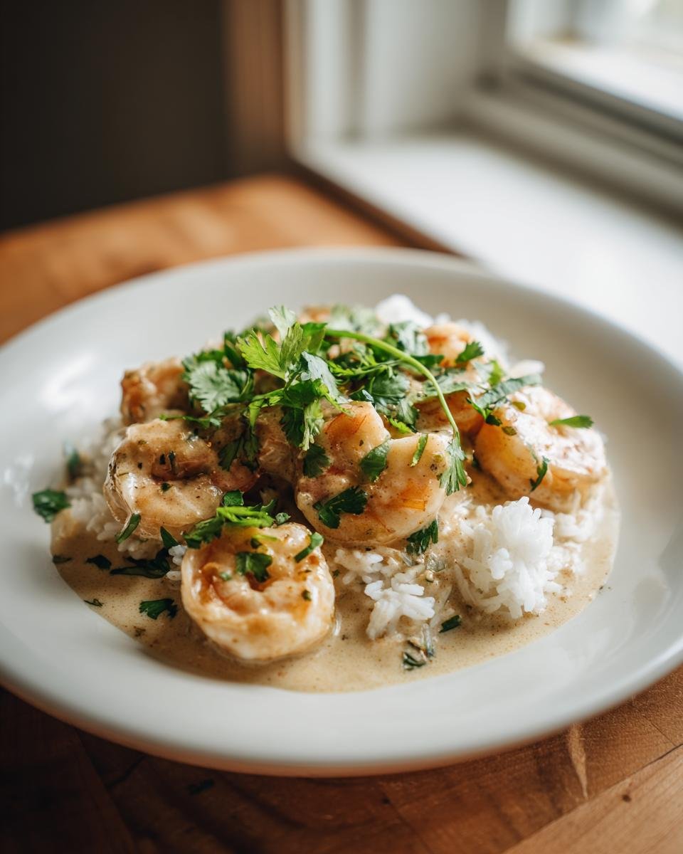 A white bowl filled with Creamy Coconut Shrimp served over white rice and garnished with fresh cilantro.