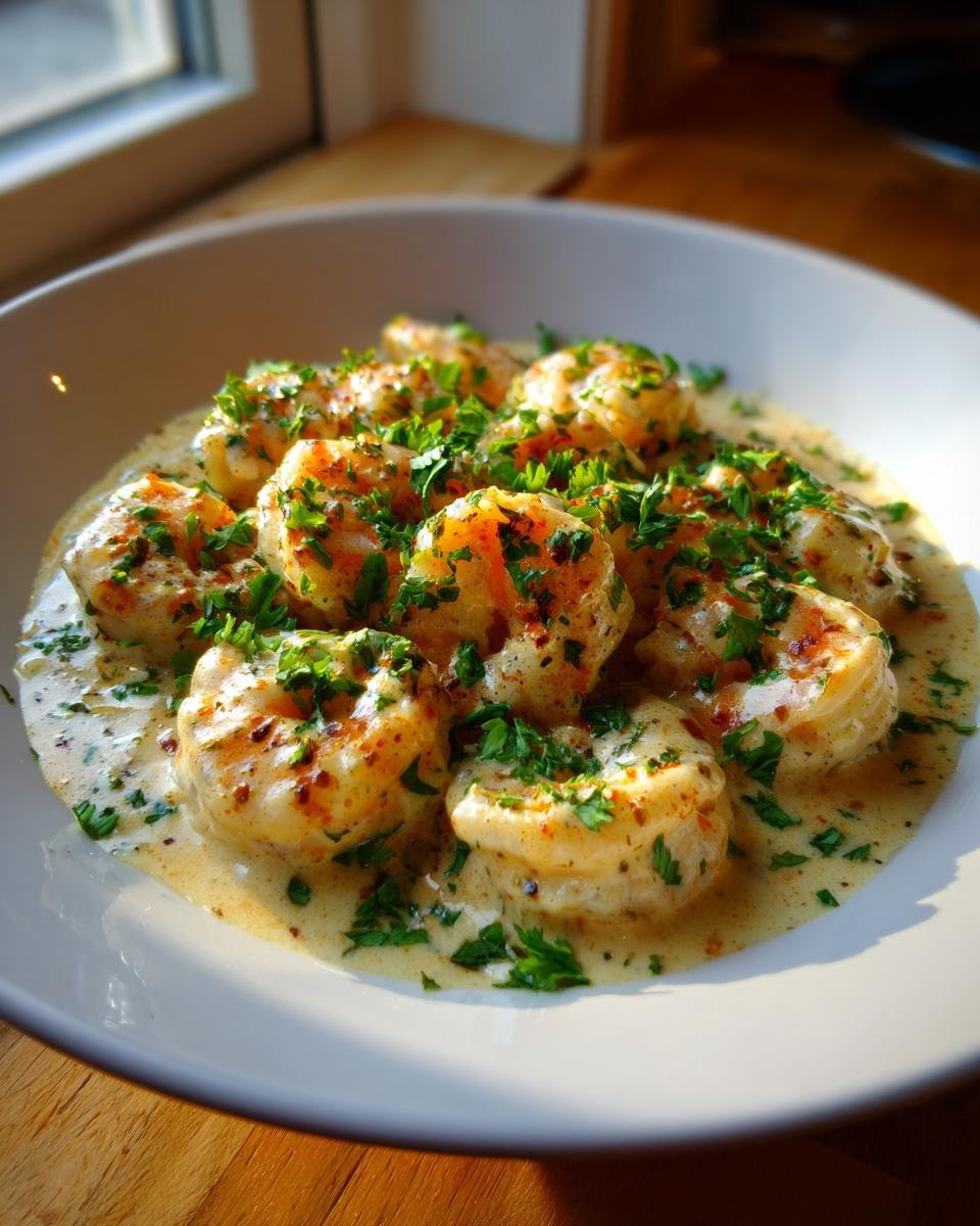 A white bowl filled with succulent Creamy Coconut Shrimp covered in a rich sauce and fresh chopped parsley.