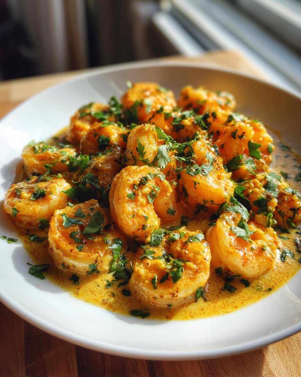 A white plate filled with rich, orange-yellow Creamy Coconut Shrimp, topped generously with fresh chopped parsley.