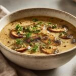 Close-up of a rustic bowl filled with creamy mushroom soup, topped with sliced mushrooms and fresh parsley.