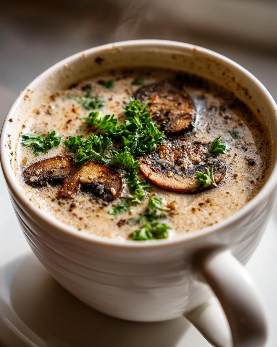 A steaming bowl of creamy mushroom soup recipe, garnished with fresh parsley and sliced mushrooms.
