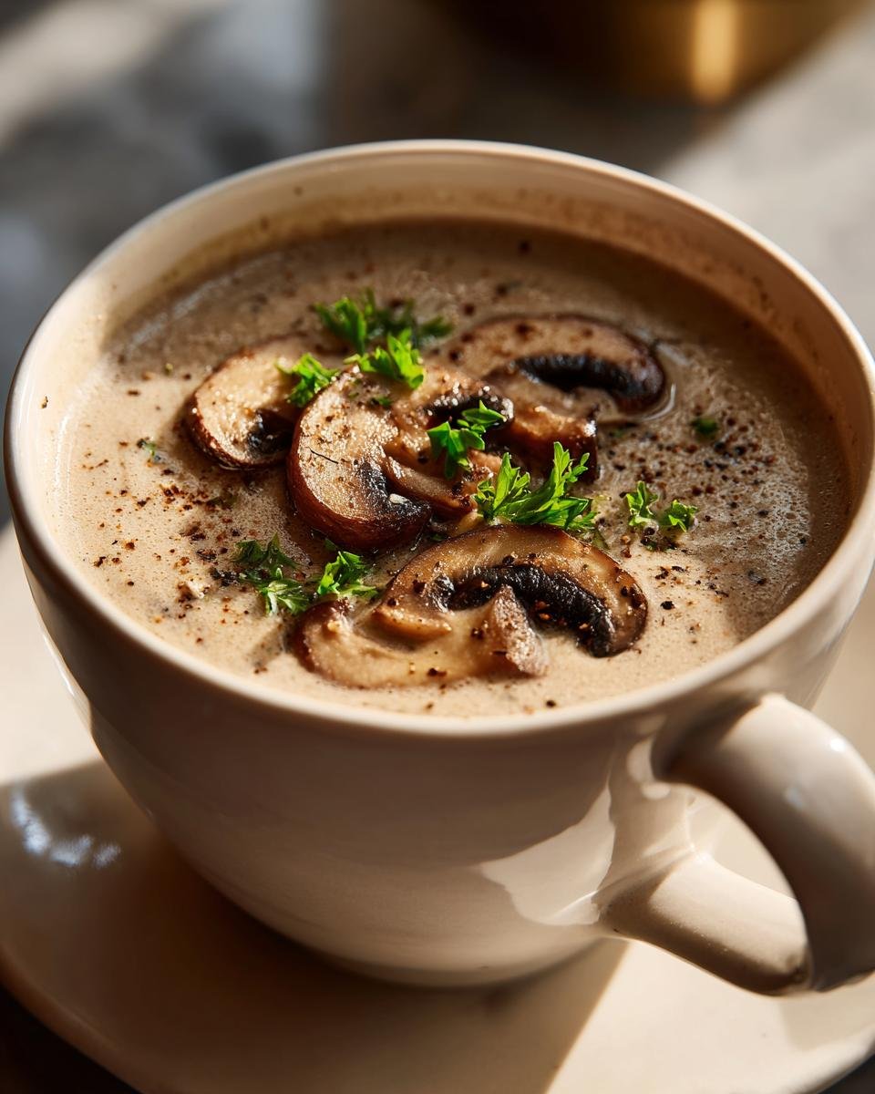 Close-up of a steaming bowl of creamy mushroom soup, topped with sliced mushrooms and fresh parsley.