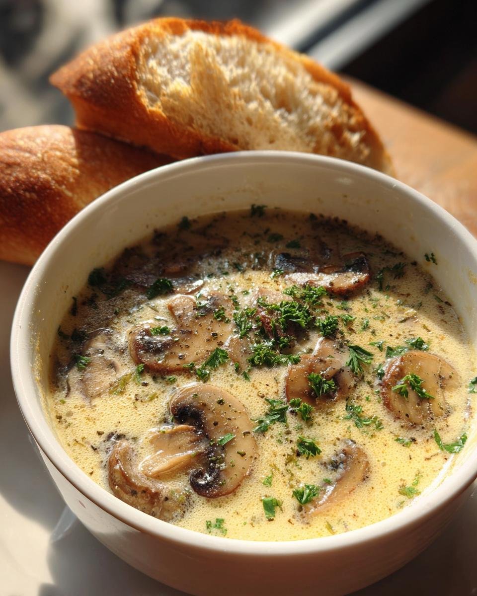 A bowl of creamy mushroom soup recipe, garnished with fresh parsley and served with crusty bread.