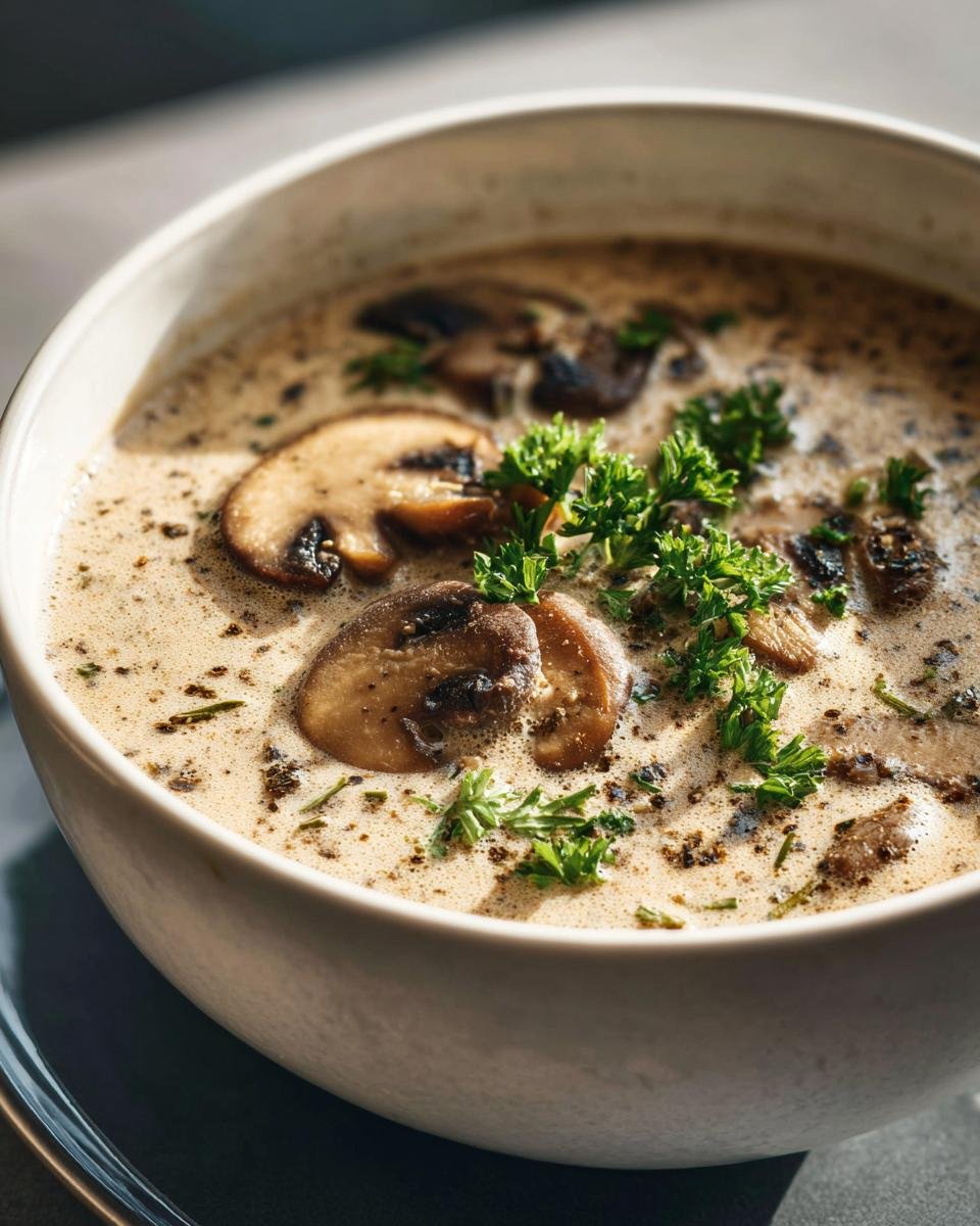 A close-up of a bowl of creamy mushroom soup, garnished with fresh parsley and sliced mushrooms.