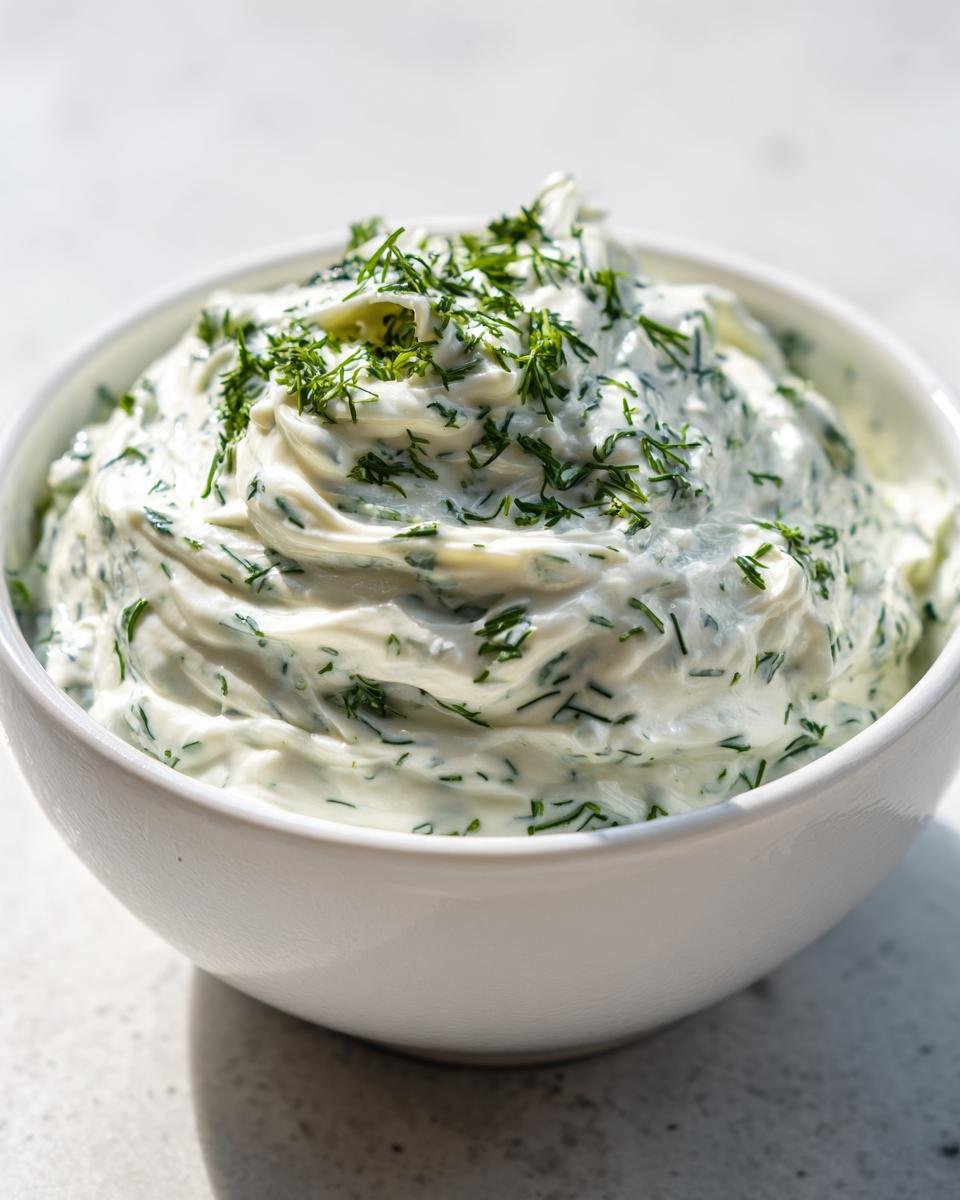 Close-up of thick, creamy homemade Ranch Dressing swirled in a white bowl and generously topped with fresh chopped dill.