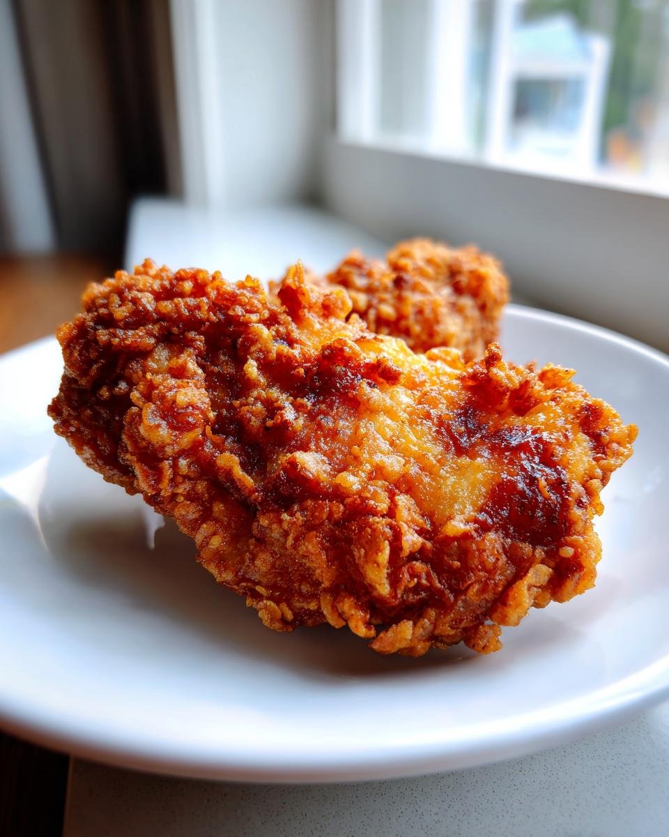 Close-up of a piece of perfectly golden-brown, crispy Beer Battered Fried Chicken resting on a white plate.