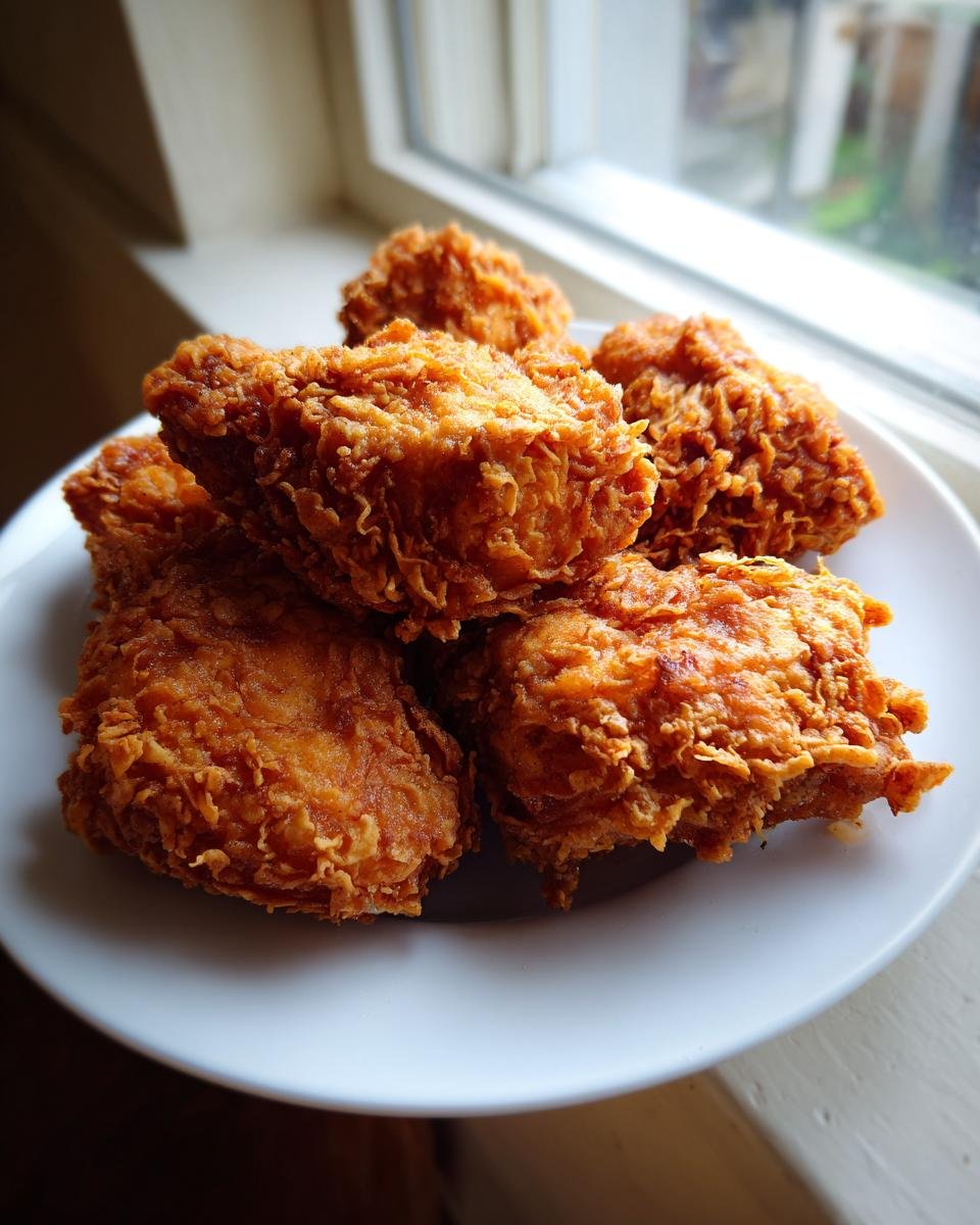 A plate stacked high with golden brown, crispy pieces of Beer Battered Fried Chicken resting near a bright window.