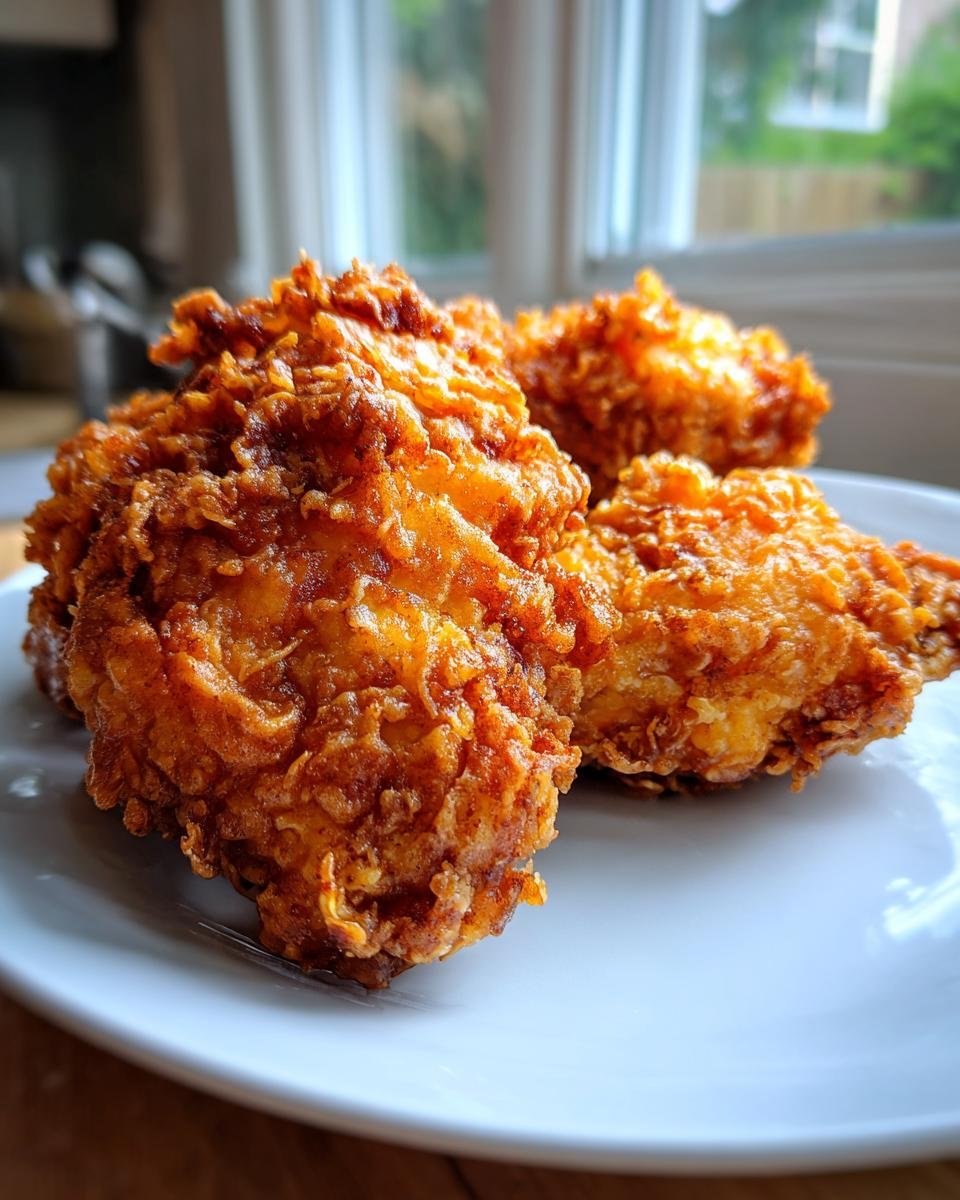 Close-up of three pieces of golden brown, crispy Beer Battered Fried Chicken resting on a white plate.