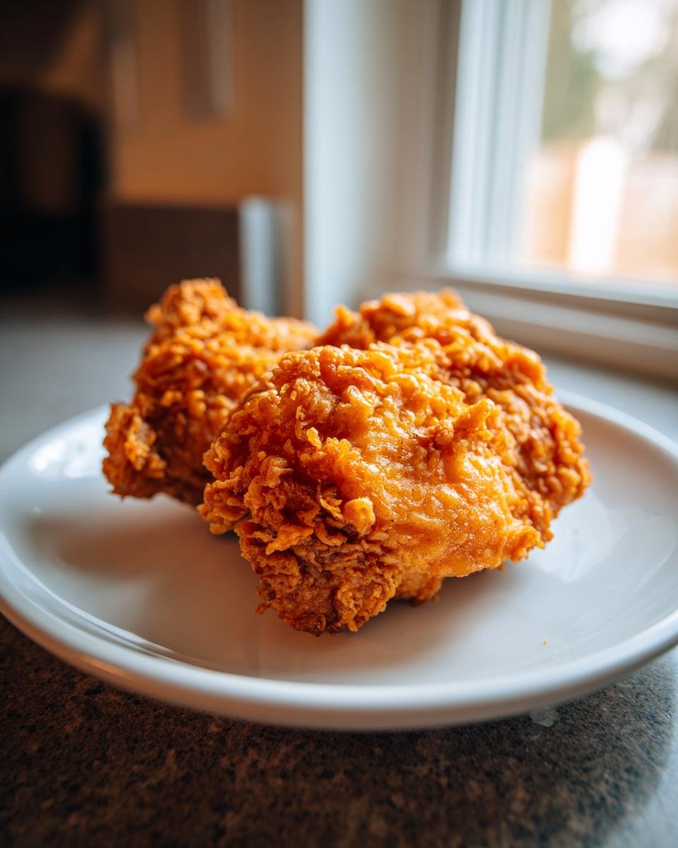 Two pieces of golden brown, crispy Beer Battered Fried Chicken resting on a white plate near a window.