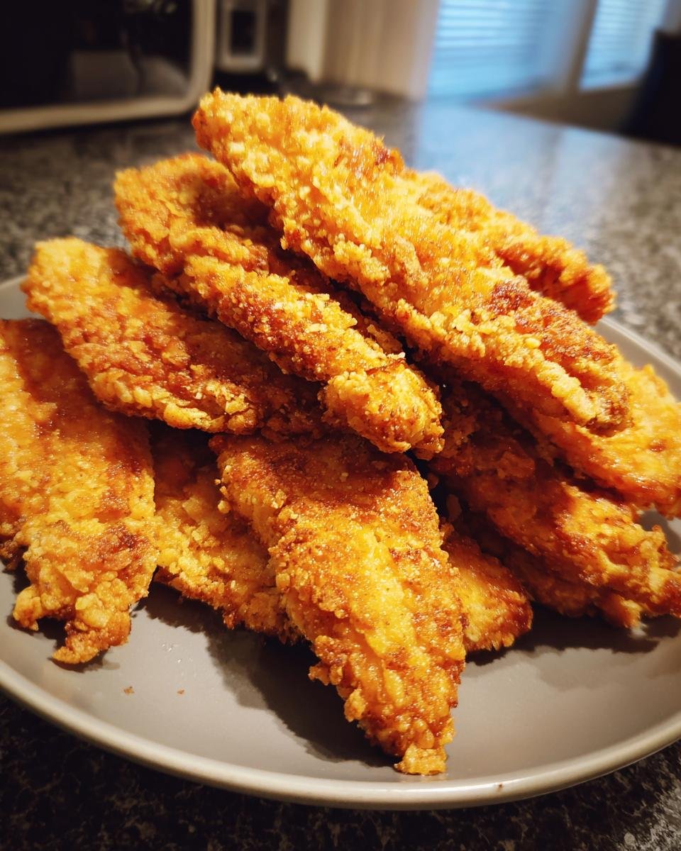 A pile of golden-brown, crispy chicken tenders on a gray plate, ready to be enjoyed.
