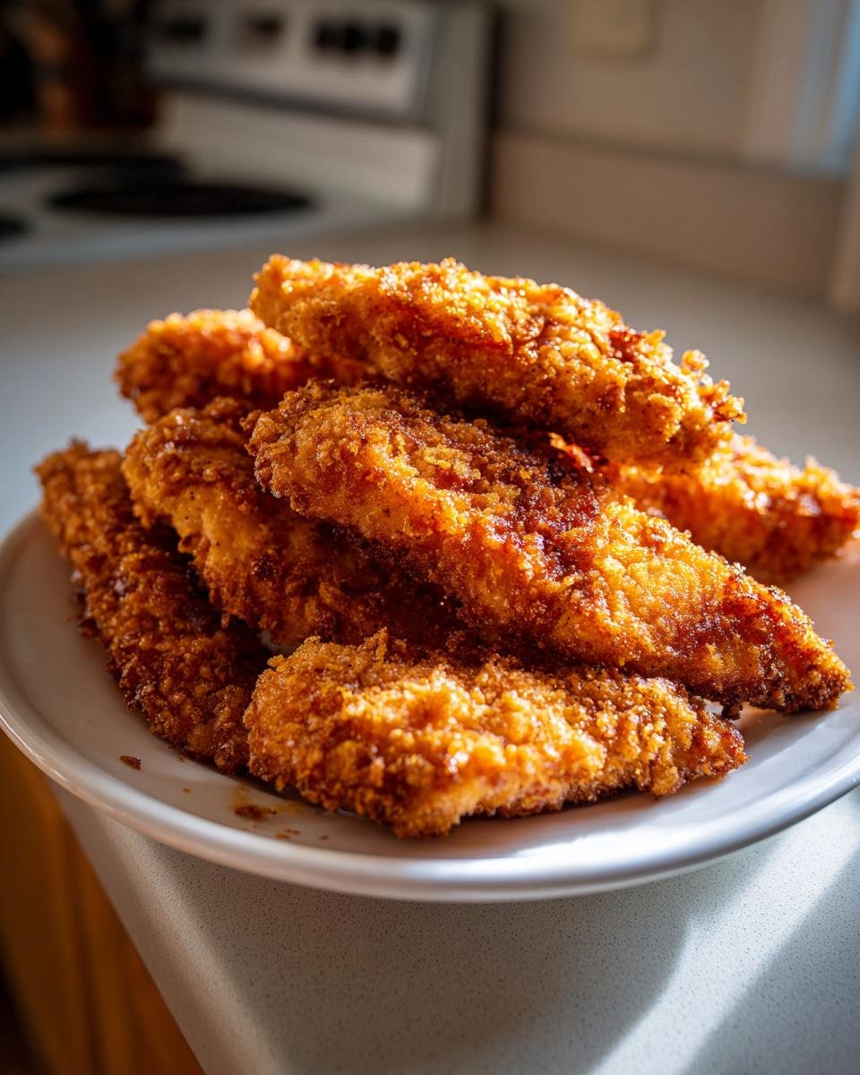 A pile of golden-brown, crispy chicken tenders on a white plate, showcasing their delicious texture.