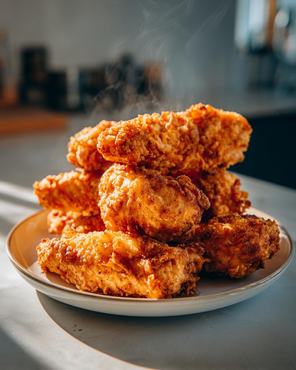 A stack of golden-brown, crispy chicken tenders, steaming slightly, on a white plate.