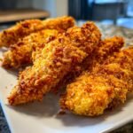 A plate piled high with perfectly golden brown and crispy chicken tenders, showcasing their crunchy coating.