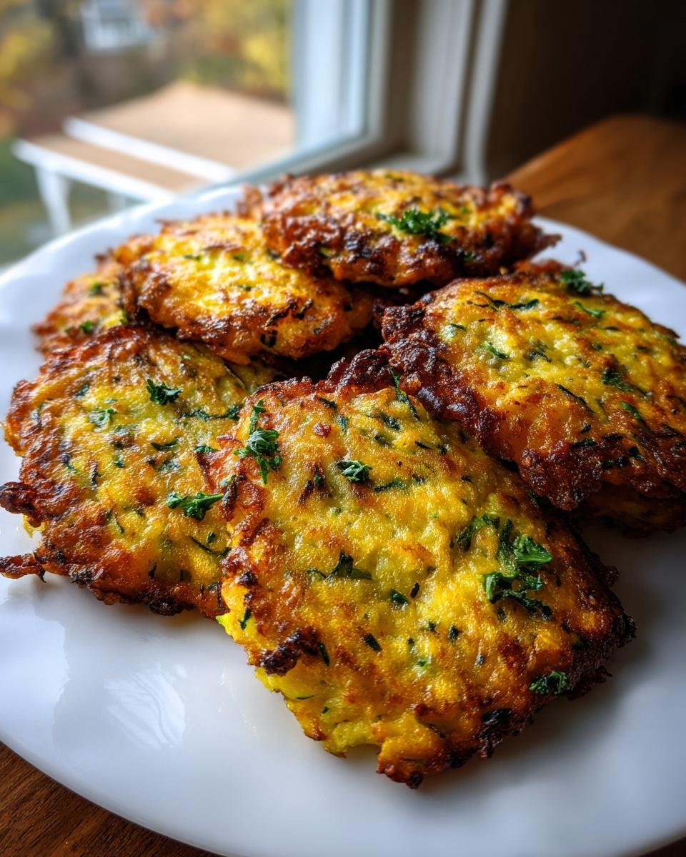 A plate piled high with golden-brown, crispy easy zucchini fritters, garnished with fresh parsley.