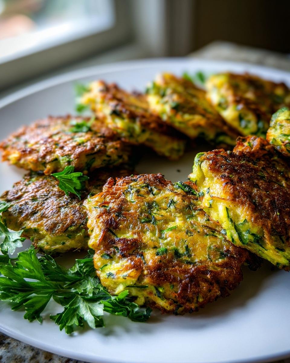 Close-up of golden-brown, crispy easy zucchini fritters on a white plate, garnished with fresh parsley.
