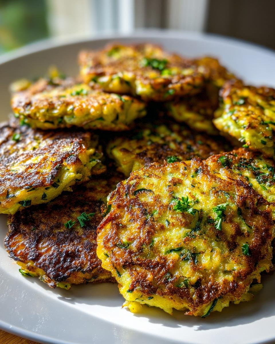 A close-up of a stack of golden-brown, crispy zucchini fritters, garnished with fresh parsley.