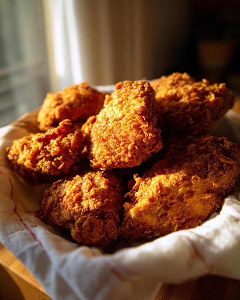 A close-up of golden-brown, crispy fried mushrooms piled in a basket lined with a white cloth.
