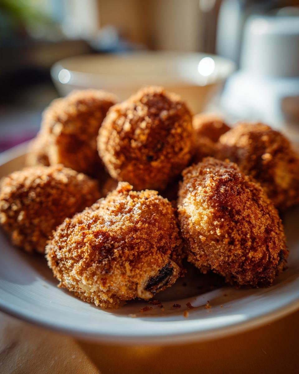 A close-up of golden-brown, crispy fried mushrooms, coated in breadcrumbs, piled on a white plate.