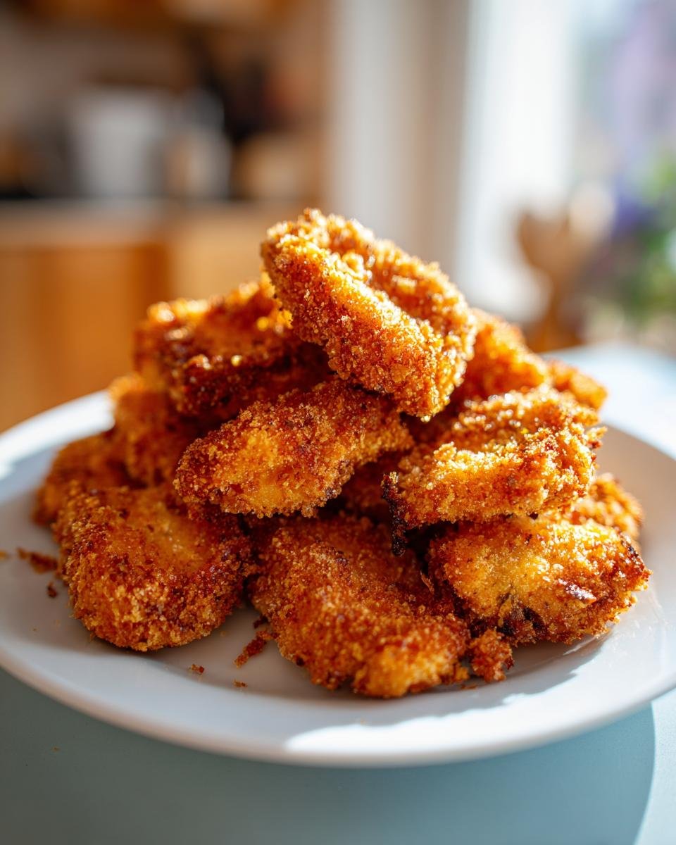 A pile of perfectly golden brown crispy fried mushrooms, coated in breadcrumbs, ready to be enjoyed.