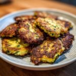 A close-up of golden-brown, crispy pan fried zucchini fritters piled on a light grey plate.