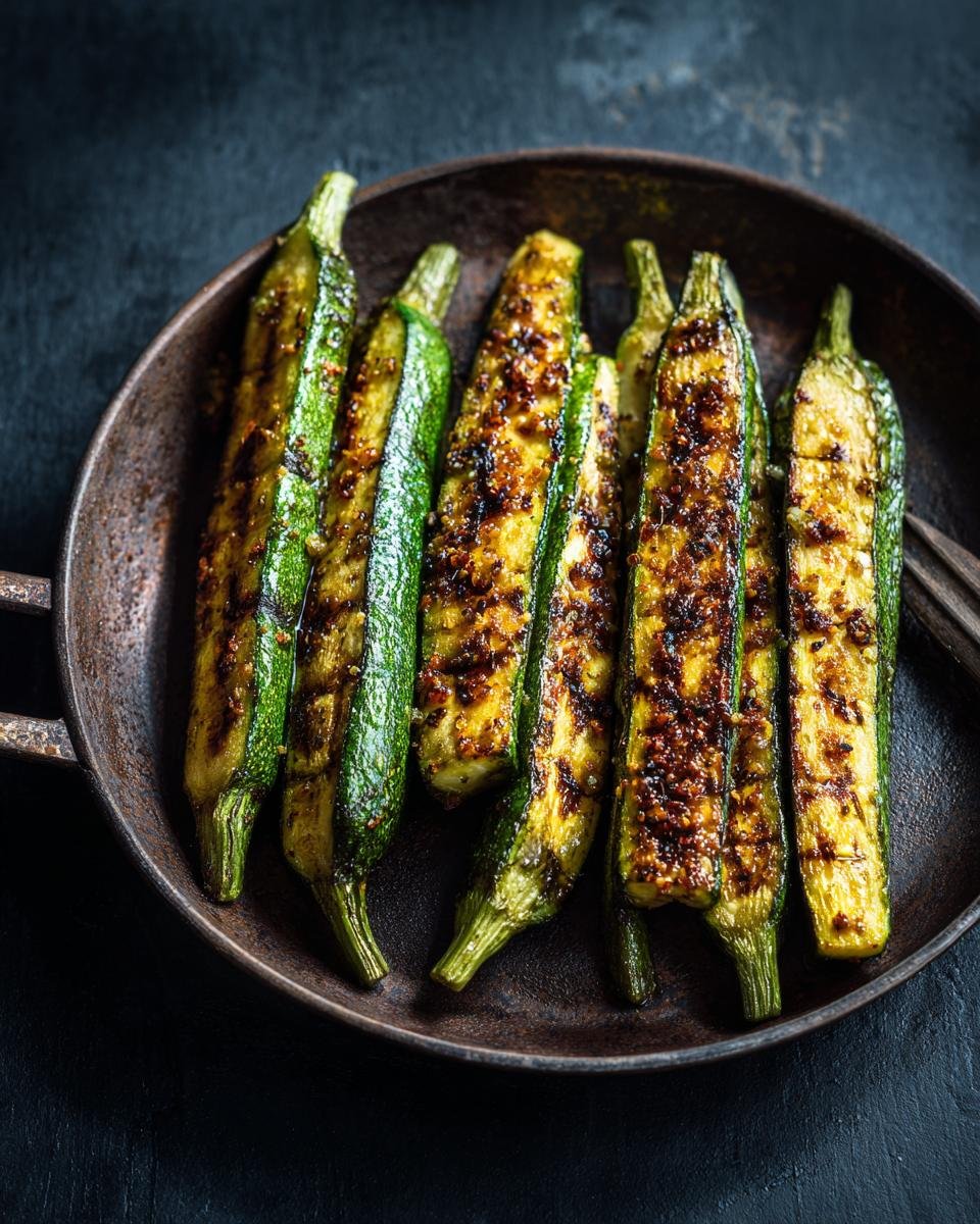 Close-up of Crispy Pan Fried Zucchini halves, seasoned and grilled in a rustic skillet.