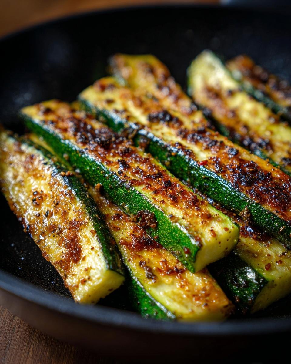 Close-up of Crispy Pan Fried Zucchini slices seasoned and cooked in a black skillet.