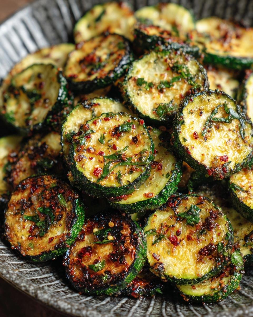 Close-up of crispy pan fried zucchini slices seasoned with herbs and chili flakes.