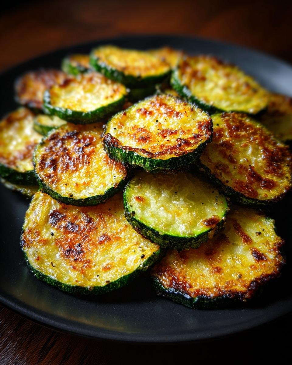 A pile of perfectly Crispy Pan Fried Zucchini slices, golden brown and seasoned, served on a dark plate.