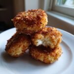 Close-up of three golden brown, crispy Potato Croquettes stacked on a white plate, one showing the fluffy interior.