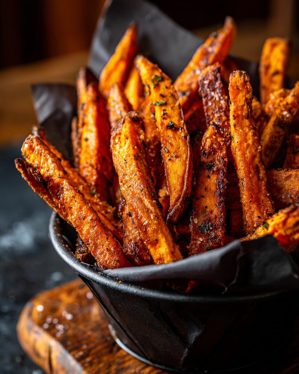 Close-up of a bowl overflowing with perfectly seasoned and crispy sweet potato fries.
