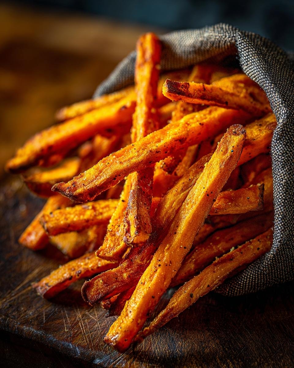 Close-up of a pile of crispy sweet potato fries, seasoned with salt and pepper, spilling out of a grey cloth bag.