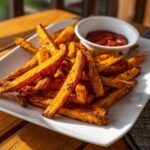 A plate of perfectly baked crispy sweet potato fries, seasoned and served with a side of ketchup.