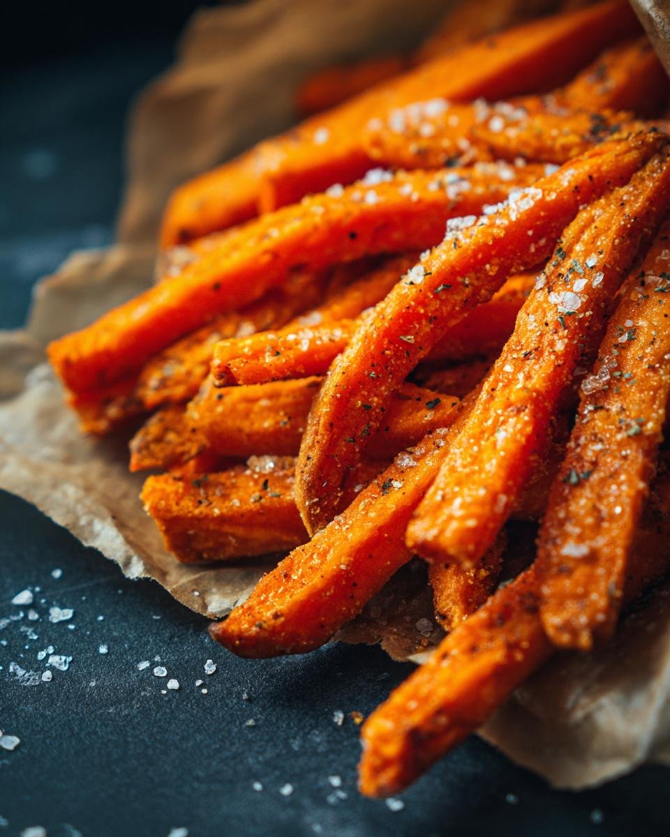 Close-up of a pile of crispy sweet potato fries seasoned with salt and pepper, served on parchment paper.