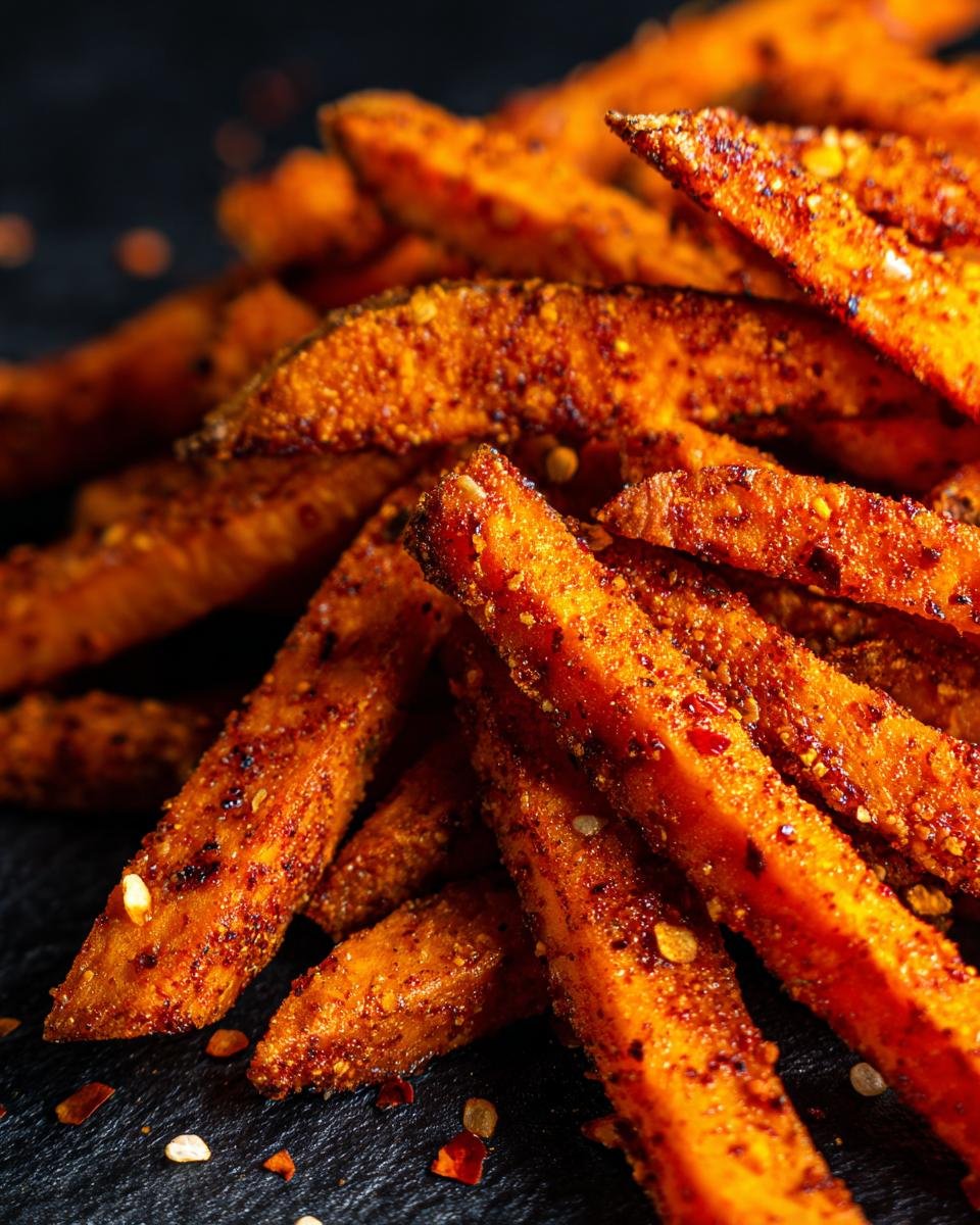 Close-up of a pile of crispy sweet potato fries seasoned with spices and chili flakes.