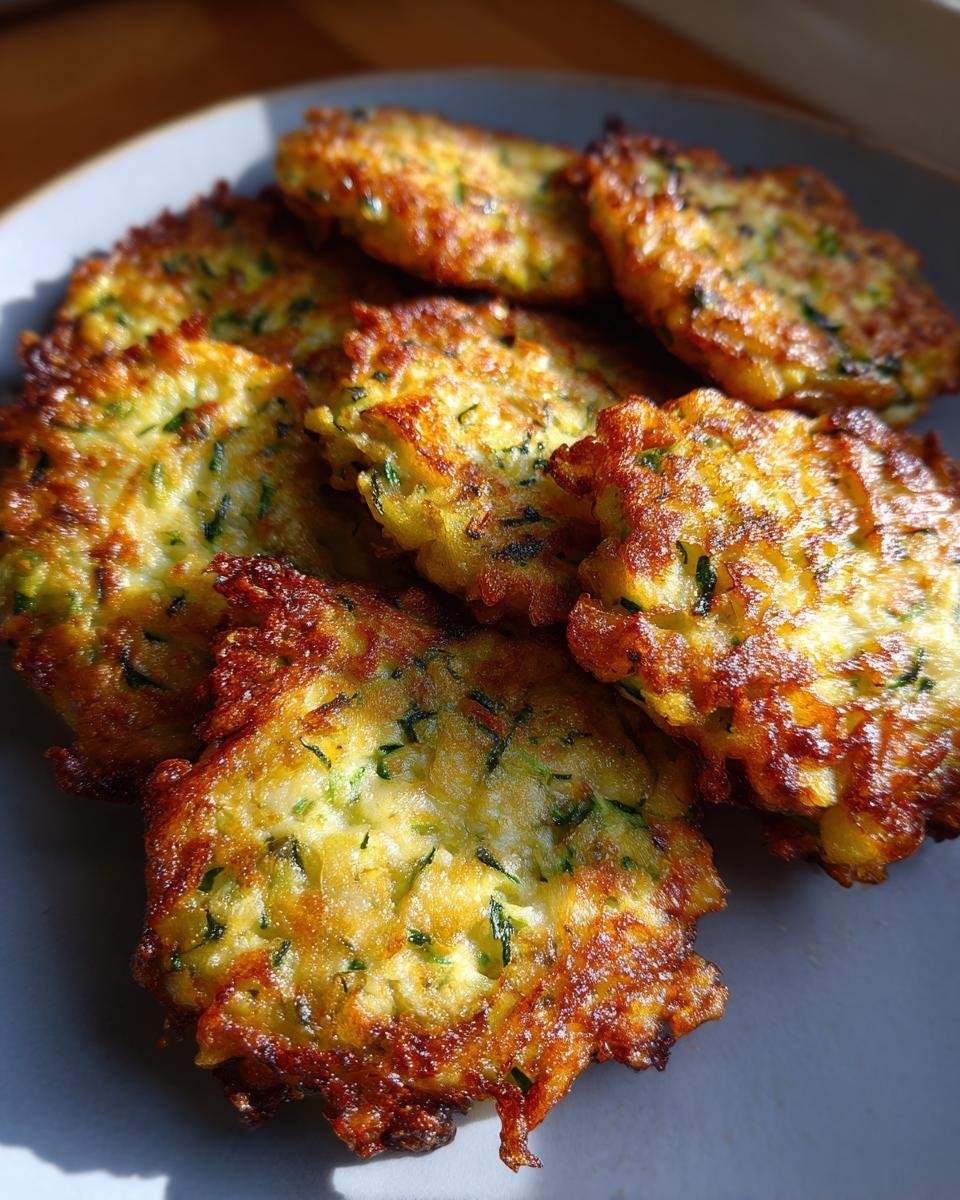 A close-up of golden-brown, crispy zucchini fritters piled on a light grey plate, showcasing their crunchy texture.