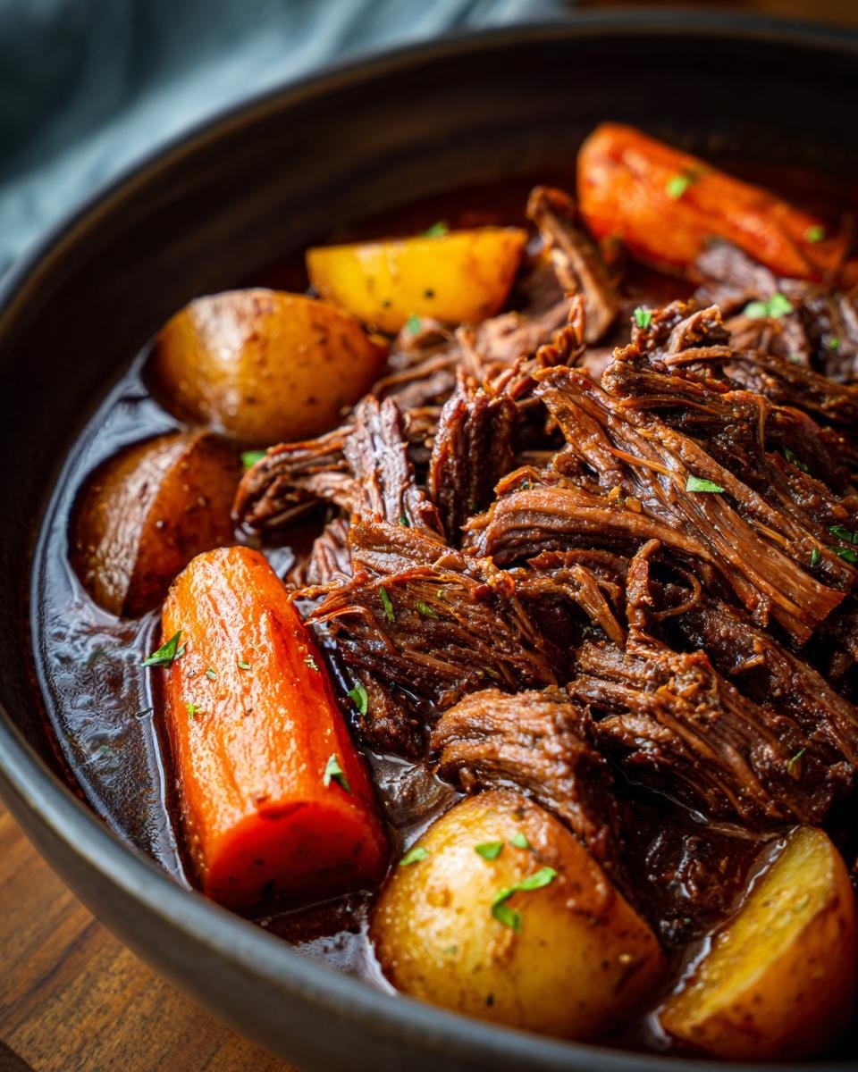 Close-up of a bowl filled with tender crock pot pot roast, baby potatoes, and carrots in a rich gravy.
