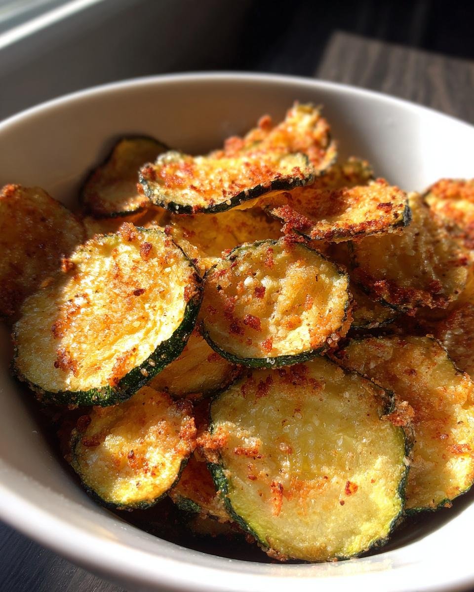 A close-up shot of a bowl filled with golden-brown, crunchy Cool Ranch Zucchini Chips.