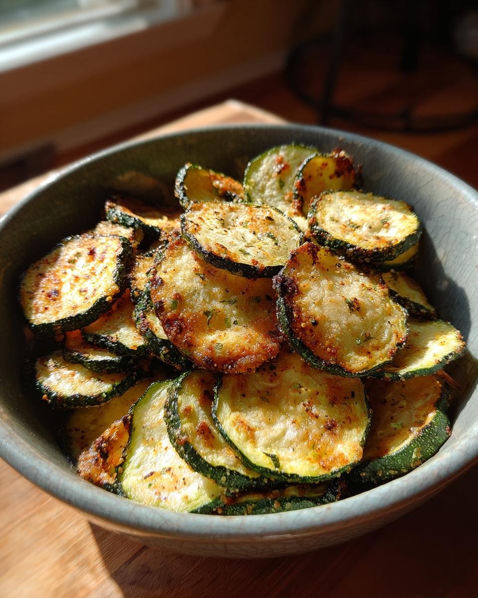 A bowl filled with golden brown, crispy Crunchy Cool Ranch Zucchini Chips, seasoned with herbs.