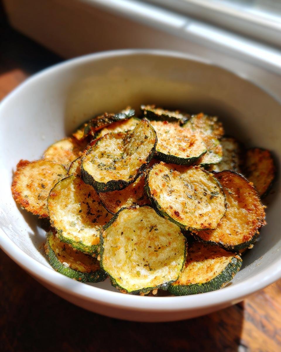 A white bowl filled with freshly baked Crunchy Cool Ranch Zucchini Chips, seasoned with herbs.