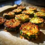 Close-up of freshly baked Crunchy Crispy Zucchini Chips, golden brown and seasoned.