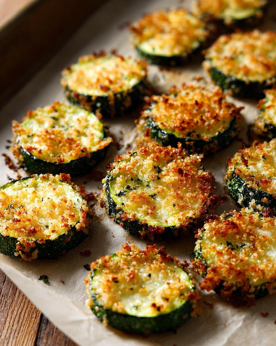 Close-up of freshly baked Crunchy Crispy Zucchini Chips, golden brown and perfectly seasoned on a baking sheet.