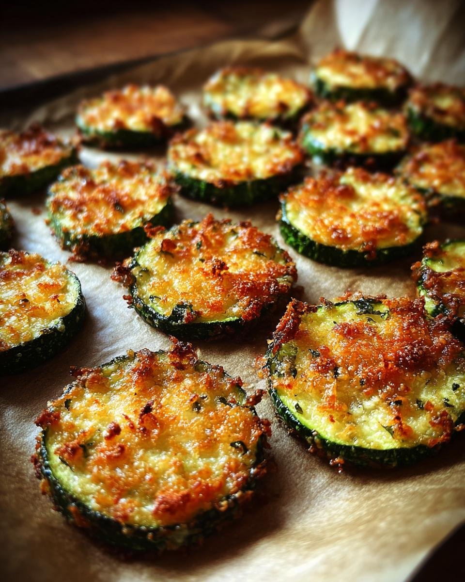 Close-up of freshly baked Crunchy Crispy Zucchini Chips on parchment paper, golden brown and enticing.