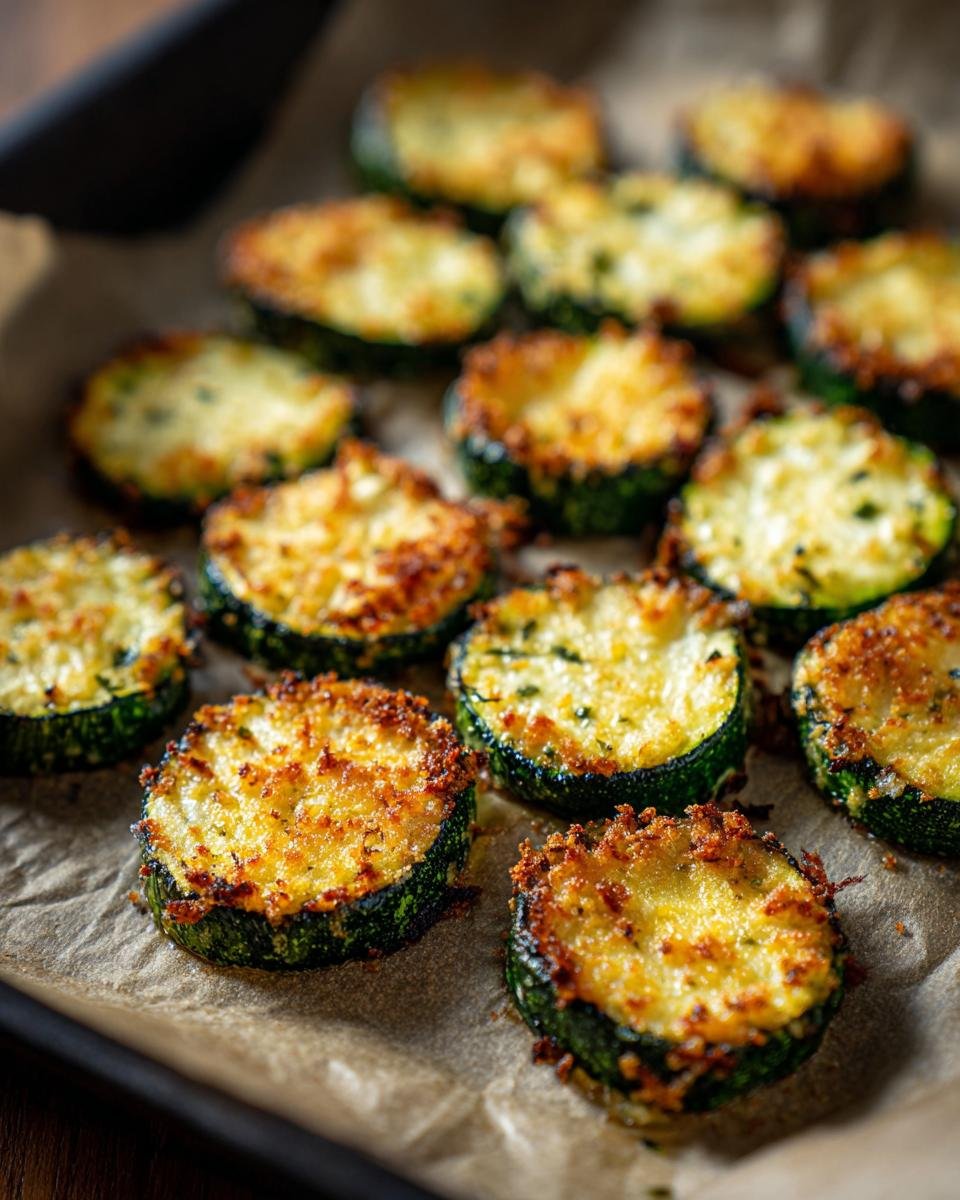 Close-up of freshly baked Crunchy Crispy Zucchini Chips on a baking sheet, golden brown and ready to eat.