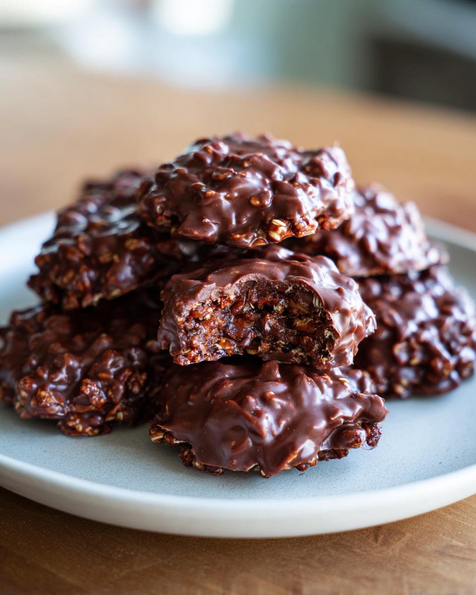 A stack of Irresistible Healthy Dark Chocolate Quinoa Crisps, with one crisp broken in half to show the texture.
